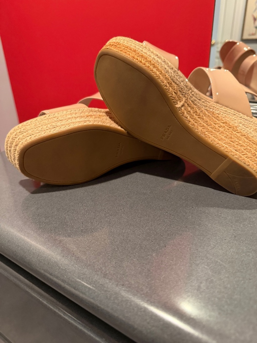 Prada Blush Patent Leather Espadrille Wedge Sandals - Picture 5 of 6